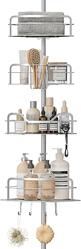 SONGMICS Duschregal, Badregal, Duschablage ohne Bohren, Gesamthöhe 80-323 cm, mit 4 Ebenen, Regal höhenverstellbar, für Badezimmer, Taubengrau BCB003E01 - Cheap-Us