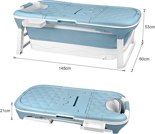 HENGMEI Faltbare Badewanne Erwachsene XXL Mobile Tragbare Badewanne Mit Abdeckung Massagerollen und Badewannenablage, Blau (148 x 62 x 53 cm) - Cheap-Us