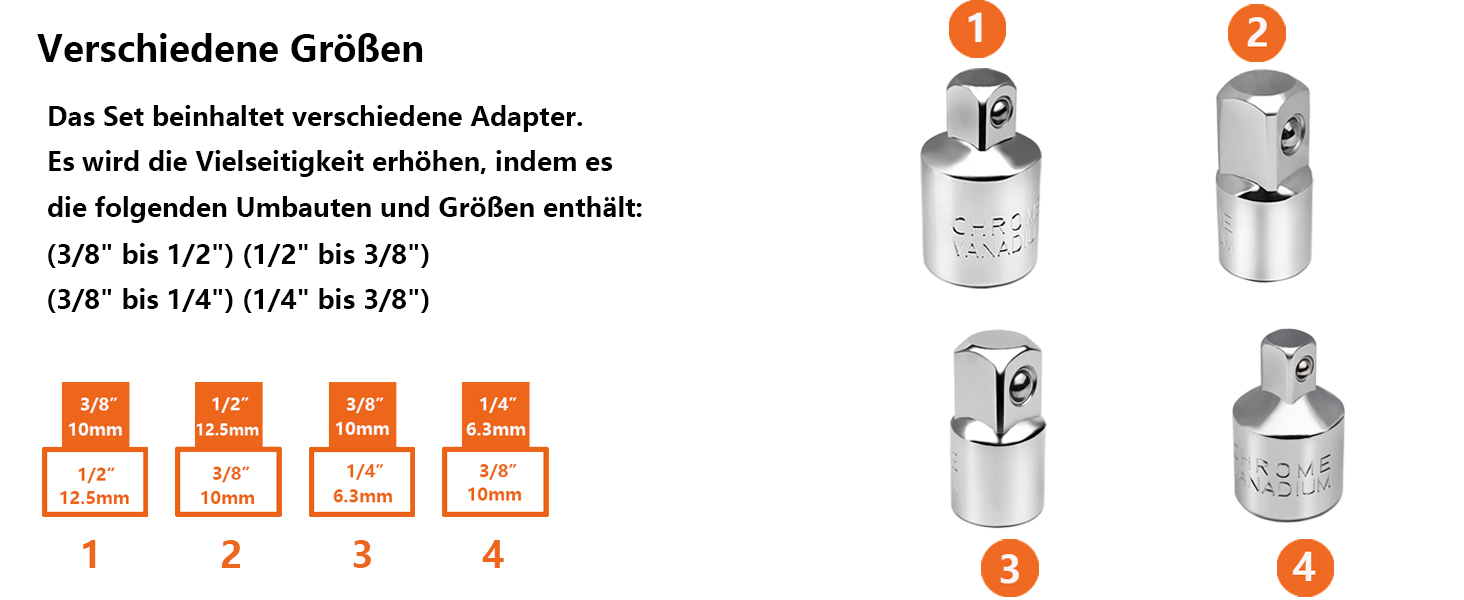 4tlg Adapter Satz 1/2" auf 3/8", 3/8" auf 1/2", 3/8" auf 1/4", 1/4" auf 3/8"