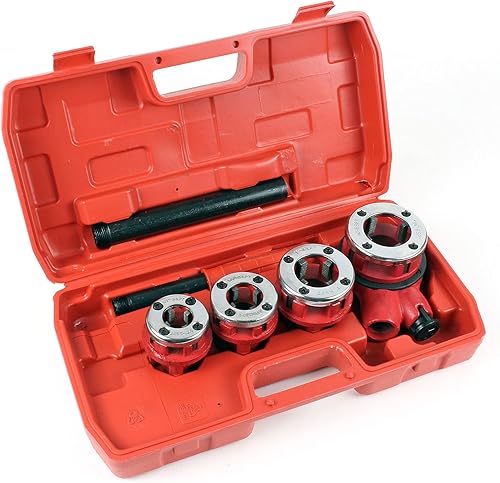 Wiltec Gewindeschneider Set 7-tlg. mit Schneidkluppe aus Stahl, Rohrschneider mit 4 Schneidköpfen, Schneideisen mit Ratschenverlängerung und Koffer - Cheap-Us