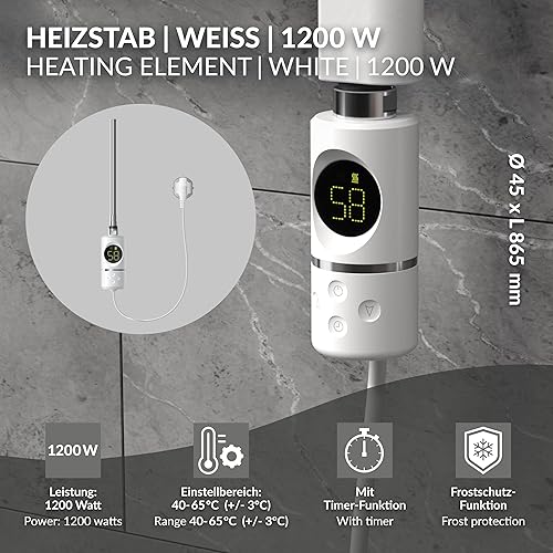 ML-Design Heizstab 600W Weiß mit Thermostat und LCD Bildschirm, Elektronischer Temperaturregler und Timing-Funktion, Heizpatrone Heizelemente für Badheizkörper Heizungen, Elektroheizstab mit Stecker - Cheap-Us