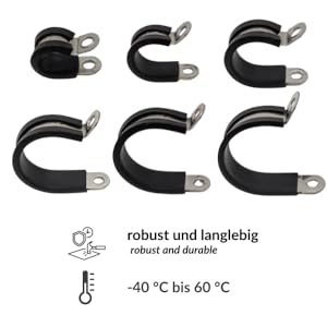 Auf dem Bild sind sechs Rohrschellen in verschiedenen Größen abgebildet.
