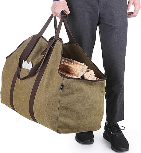 BONTHEE Extra Großer Kaminholzträger Holzkorb Brennholztasche Tragetasche aus Segeltuch mit 2 Griffe 1_braun - Cheap-Us