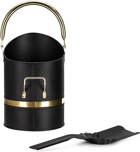 Navaris Ascheeimer für Kaminofen mit Schaufel - Metalleimer Ofen Zubehör - Aschebehälter Eimer Pelletbehälter - hitzebeständig - schwarz Gold - Cheap-Us