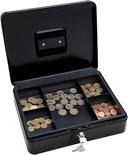 WEDO 145421X Geldkassette (aus pulverbeschichtetem Stahl, versenkbarer Griff, 5-Fächer-Münzeinsatz, Sicherheits-Zylinderschloss, 30 x 24 x 9 cm) schwarz - Cheap-Us