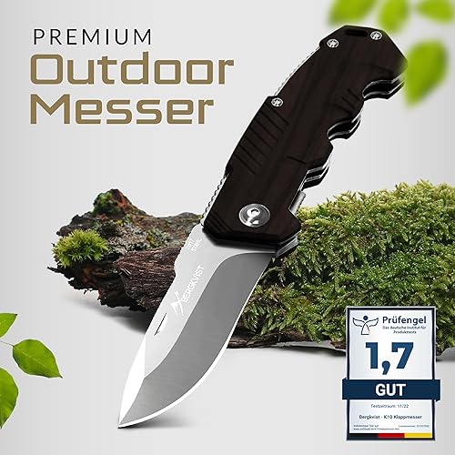 BERGKVIST® K10 Klappmesser (Zweihandmesser) - scharfes Taschenmesser für Outdoor & Survival mit Feuerstahl & Tasche - Mitführen in Deutschland erlaubt - Vollmetall - Cheap-Us