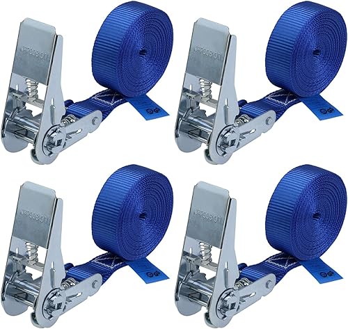 Spanngurt mit Ratsche Zurrgurt 4er Set Ratschengurt DIN EN 12195-2 blau 4 m oder 6 m, 25 mm breit - belastbar bis 800 kg, 4er Pack 2.5 cm x 6 m - Cheap-Us