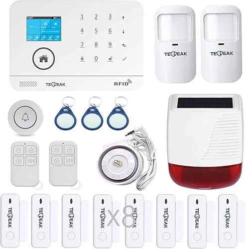 TECPEAK GSM/WiFi Alarmanlagen Komplettsystem, Alarmanlage Haus mit Alarmsirene, Haussicherheits Set inkl. Fensteralarm/Türalarm, Bewegungsmelder, Fernbedienung,Tag,SOS,Solar Außensirene - Cheap-Us
