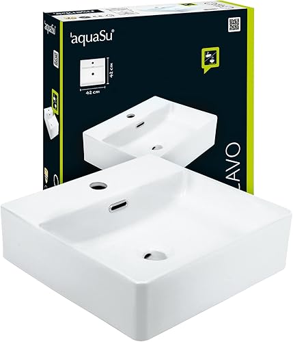 aquaSu® Hand-Waschbecken Cavo 42 cm | Eckiger Waschtisch mit Hahnloch | Überlauf | Kleines Hänge-Waschbecken quadratisch | Wand- oder Aufsatzmontage | 42 x 42 cm | Sanitärkeramik in weiß | 56223 2 - Cheap-Us