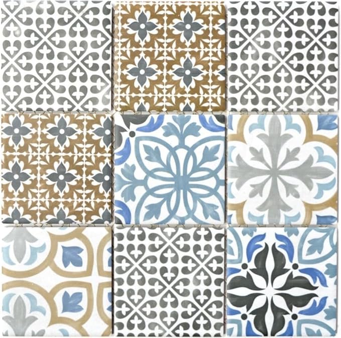 Retro Vintage Mosaik Fliese Keramik creme blau orange grau matt für BAD WC DUSCHE KÜCHE FLIESENSPIEGEL THEKENVERKLEIDUNG BADEWANNENVERKLEIDUNG WB22B-1406 - Cheap-Us