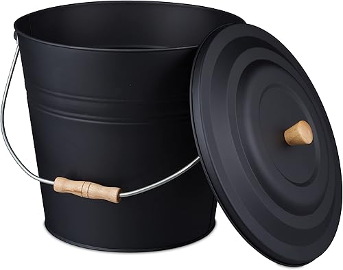 Relaxdays Ascheeimer mit Deckel, 12 L, Kamineimer, Stahl & Holz, Aschebehälter mit Henkel, Kamin, Ofen & Grill, schwarz - Cheap-Us