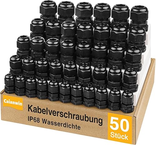 50PCS Kabelverschraubung Set - Caianwin IP68 Kabeldurchführung Wasserdicht PG7 PG9 PG11 PG13.5 PG16 Schwarz Verschraubung set Zugentlastung für Kabel, Abzweigkasten,Verteilerkasten - Cheap-Us