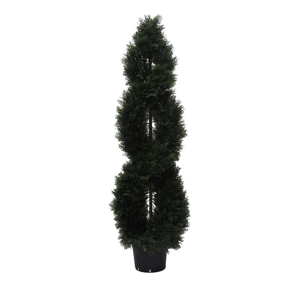 Vickerman 5' Artificial Green Cedar Double Spiral Topiary Black Plastic Pot.Widest part is 16