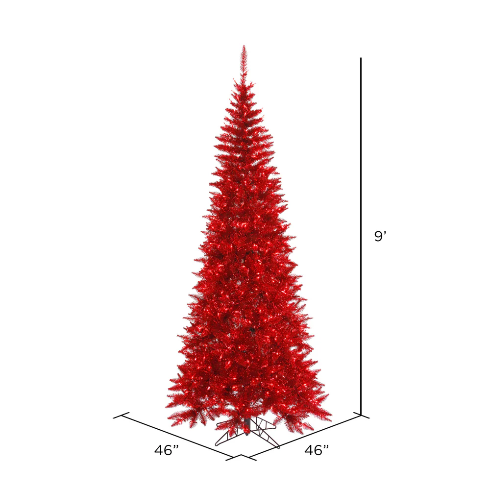 Vickerman 9' Tinsel Red Fir Slim Artificial Christmas Tree Red Dura-lit LED Lights - Cheap-Us